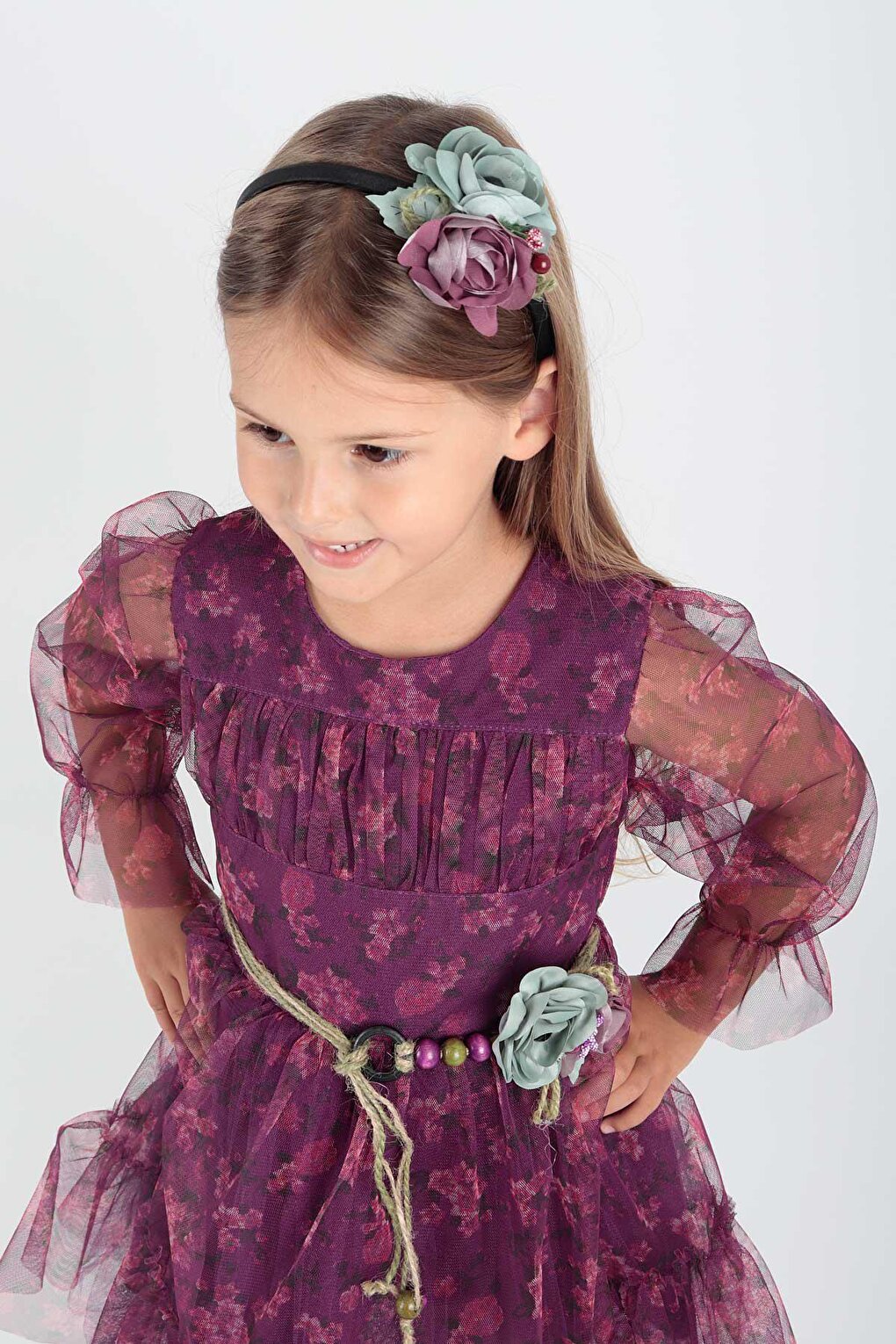 Girl's Floral Printed Crown Belted Dress Ak2202