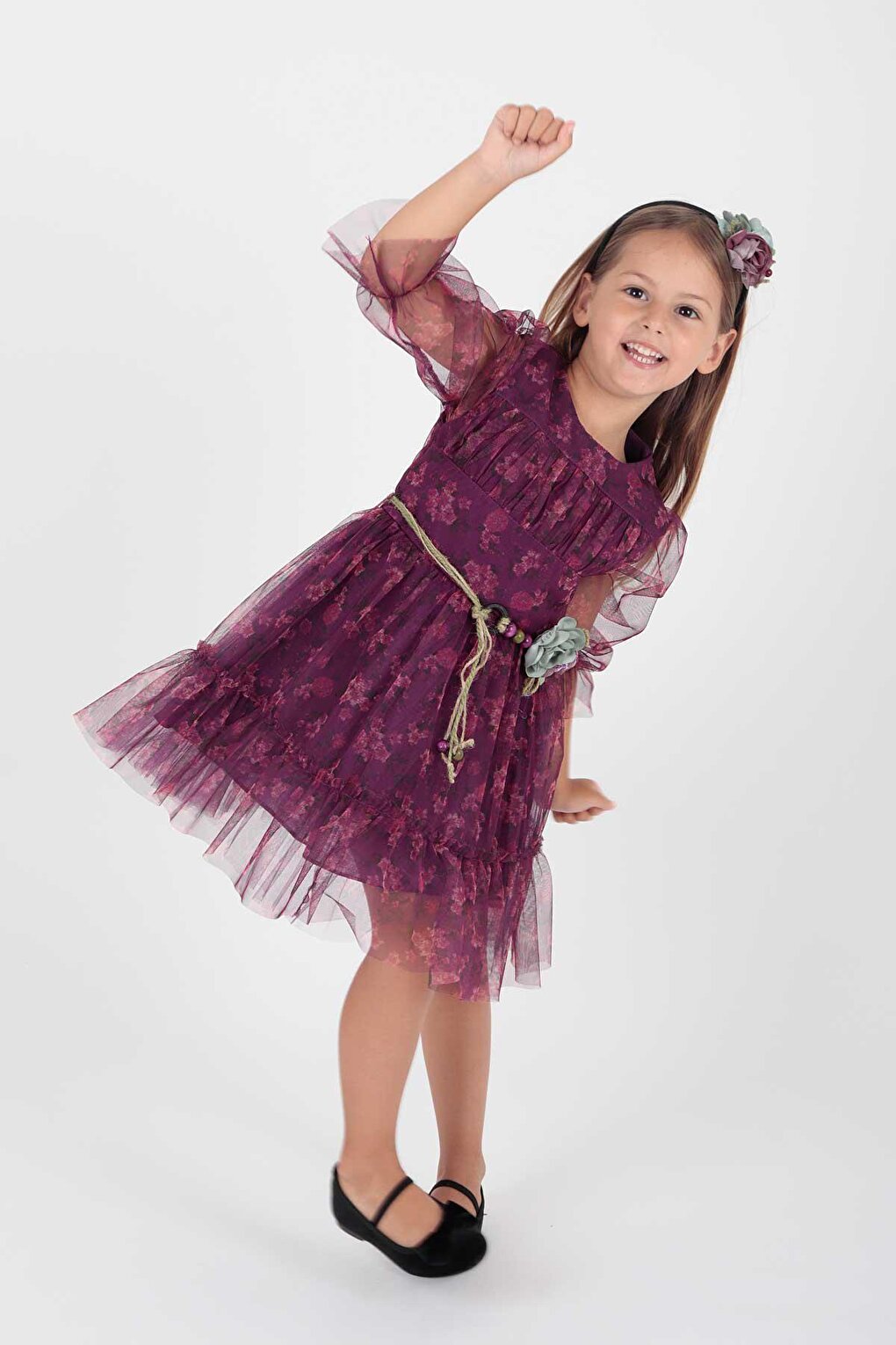 Girl's Floral Printed Crown Belted Dress Ak2202