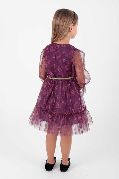 Girl's Floral Printed Crown Belted Dress Ak2202