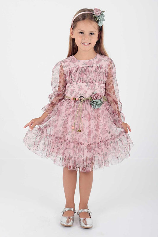 Girl's Floral Printed Crown Belted Dress Ak2202