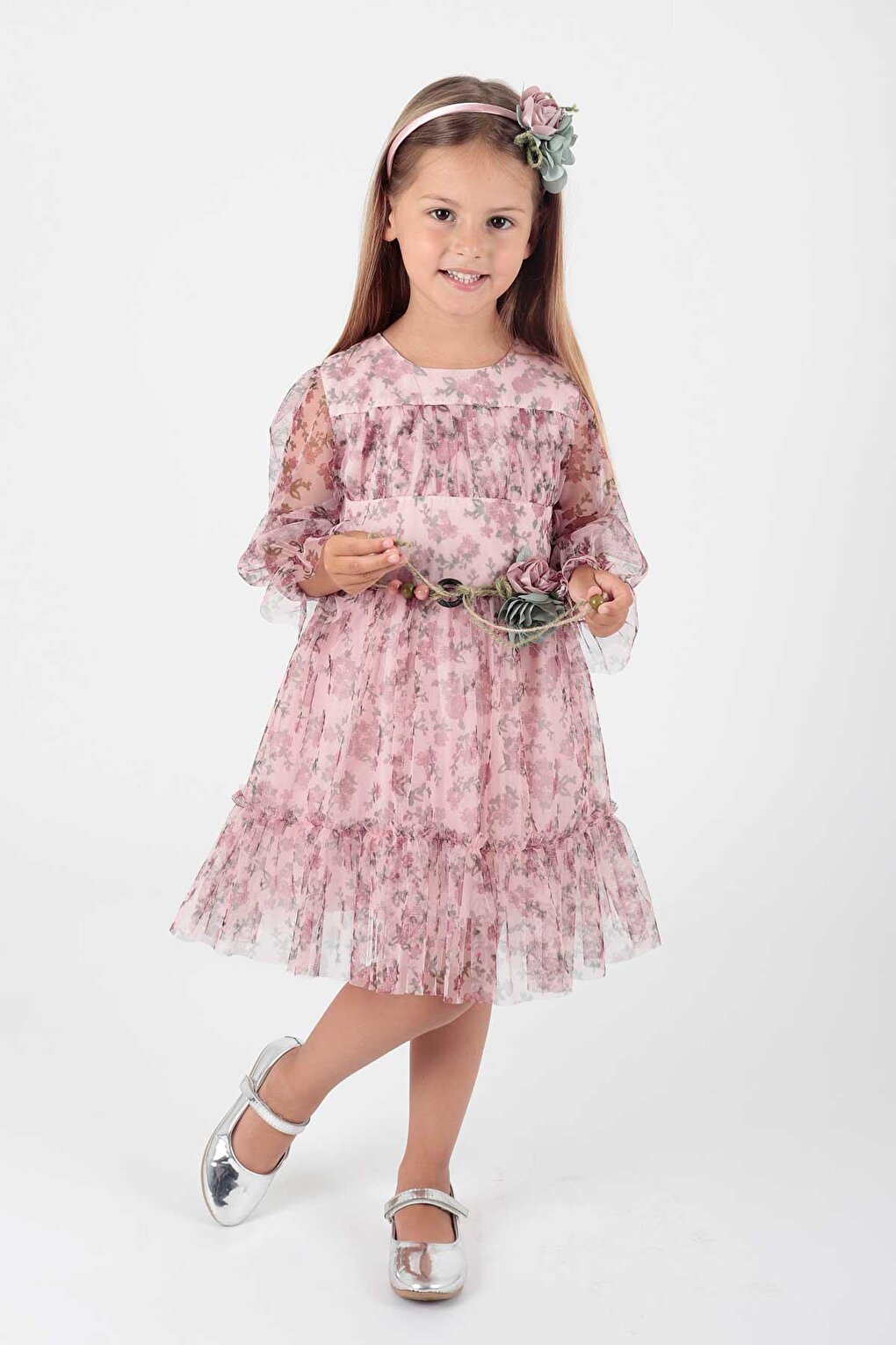 Girl's Floral Printed Crown Belted Dress Ak2202