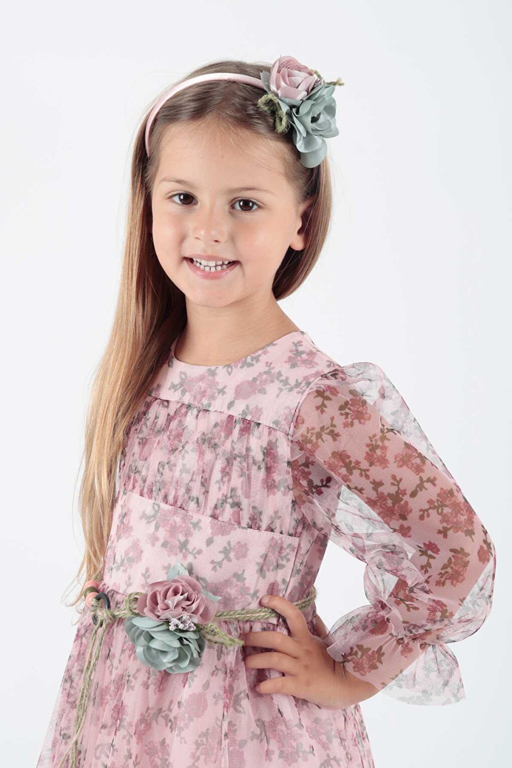 Girl's Floral Printed Crown Belted Dress Ak2202