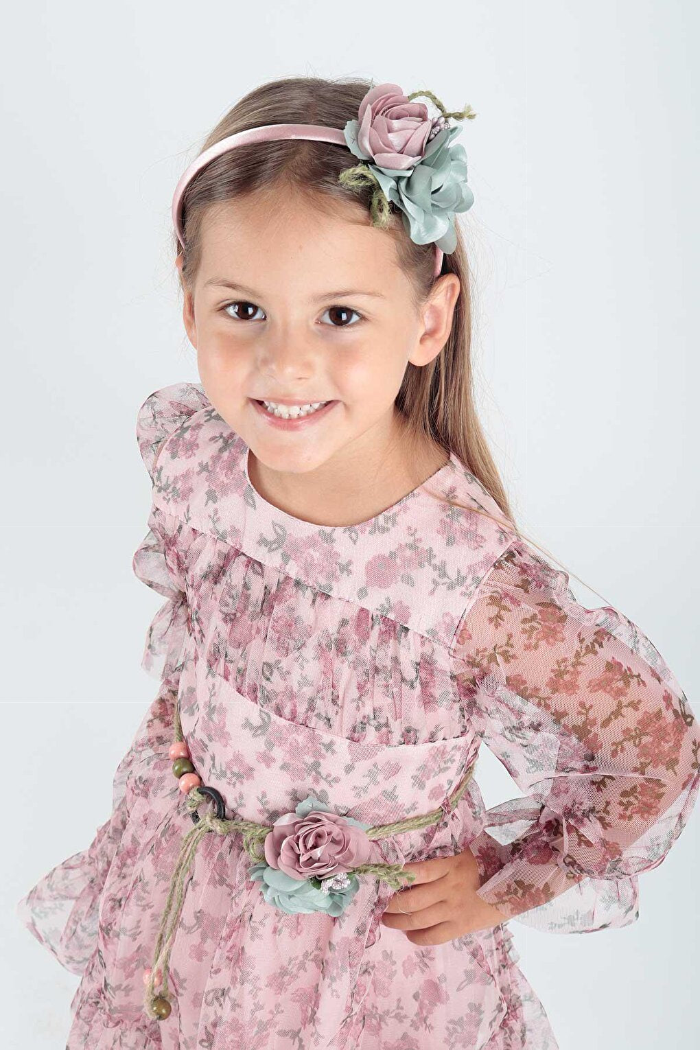 Girl's Floral Printed Crown Belted Dress Ak2202