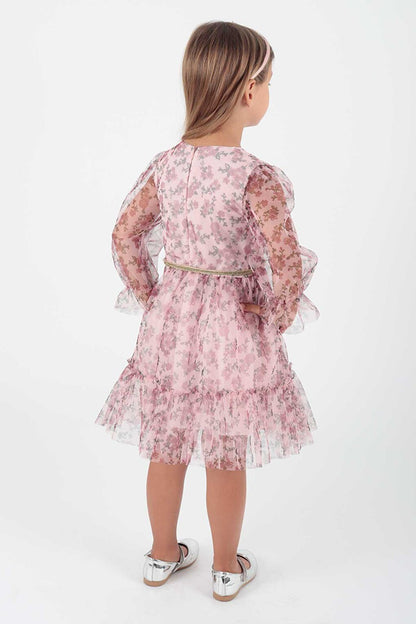 Girl's Floral Printed Crown Belted Dress Ak2202