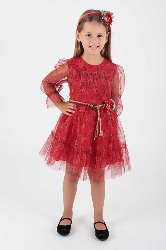 Girl's Floral Printed Crown Belted Dress Ak2202