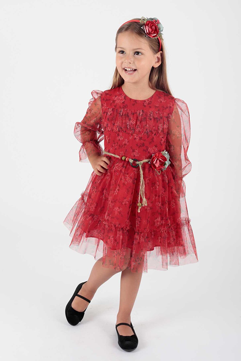 Girl's Floral Printed Crown Belted Dress Ak2202