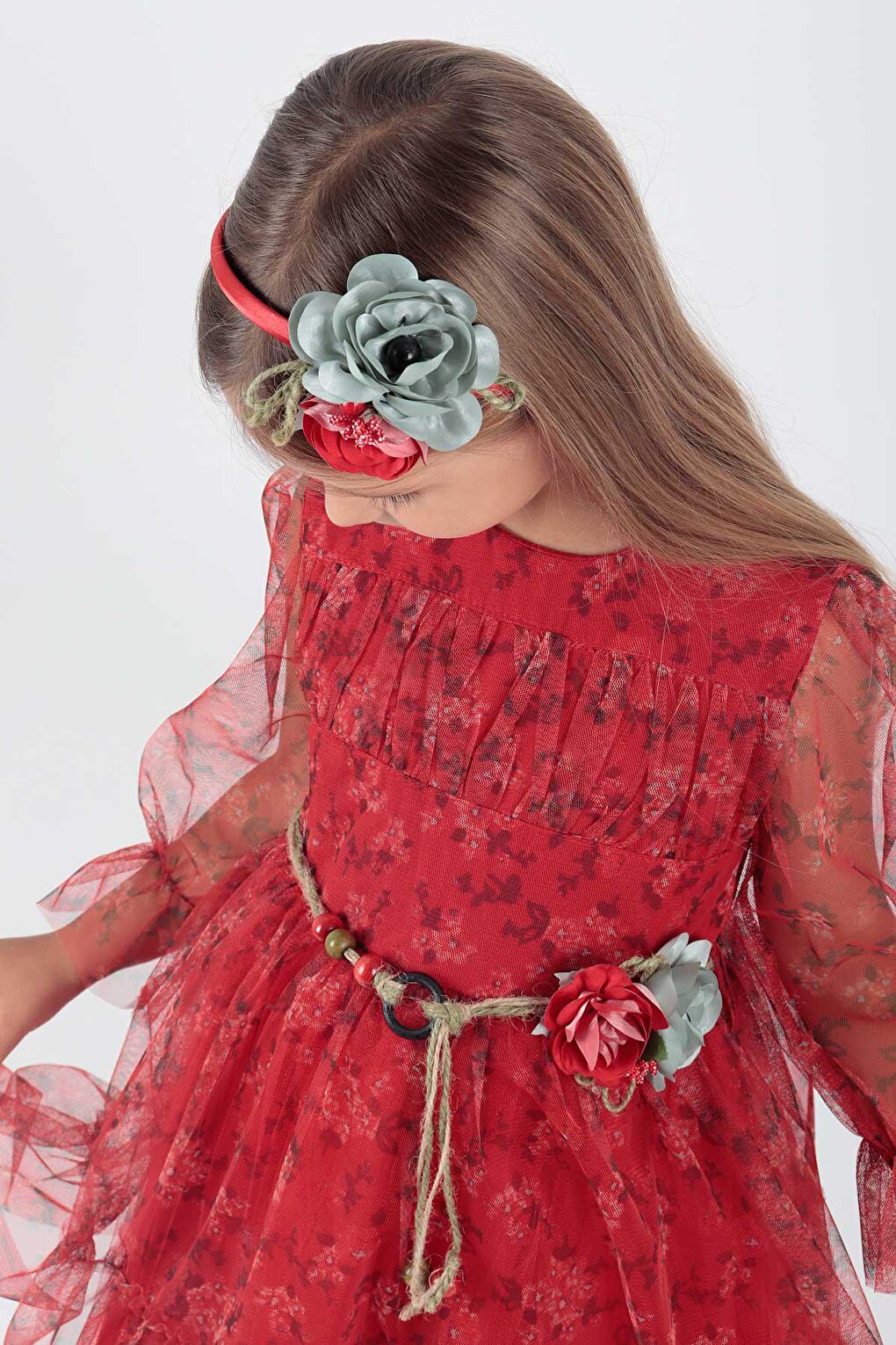 Girl's Floral Printed Crown Belted Dress Ak2202