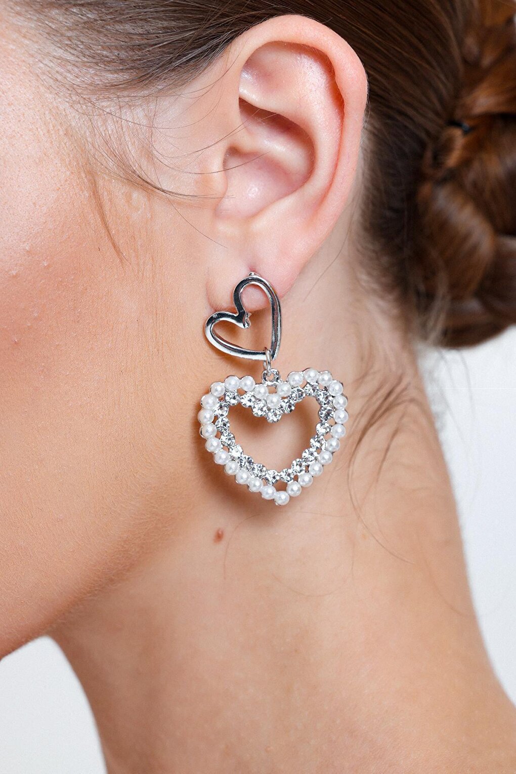 Silver Plated Pearl and Zircon Stone Pendant Heart Earrings