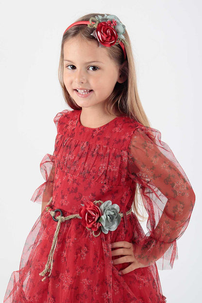 Girl's Floral Printed Crown Belted Dress Ak2202