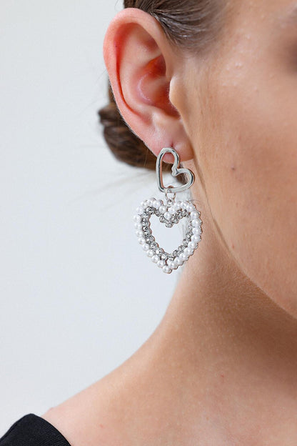 Silver Plated Pearl and Zircon Stone Pendant Heart Earrings