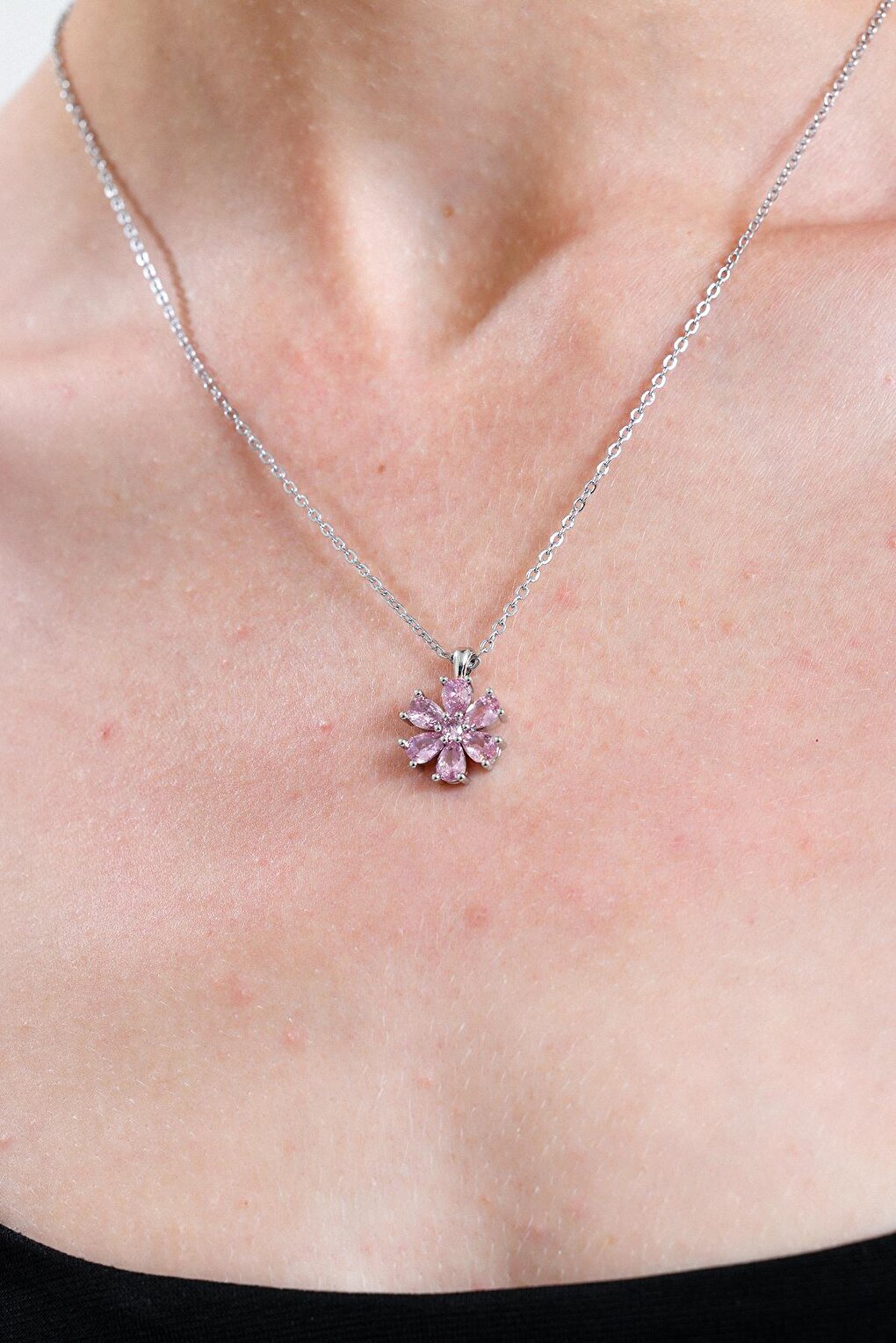 Silver Plated Pink Drop Stone Flower Necklace