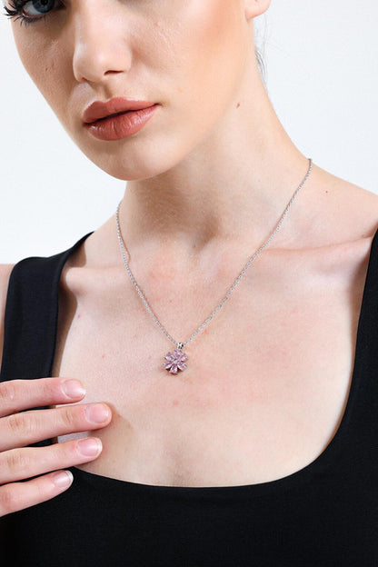 Silver Plated Pink Drop Stone Flower Necklace