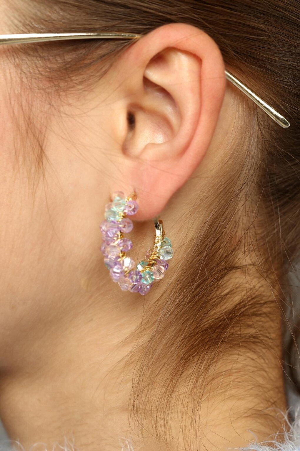 Purple Blue Pink Color 2 Piece Crystal Earrings