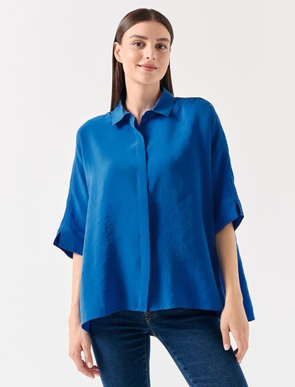 Kobalt Loose Cut Open Collar Three Quarter Sleeve Woven Voile Shirt