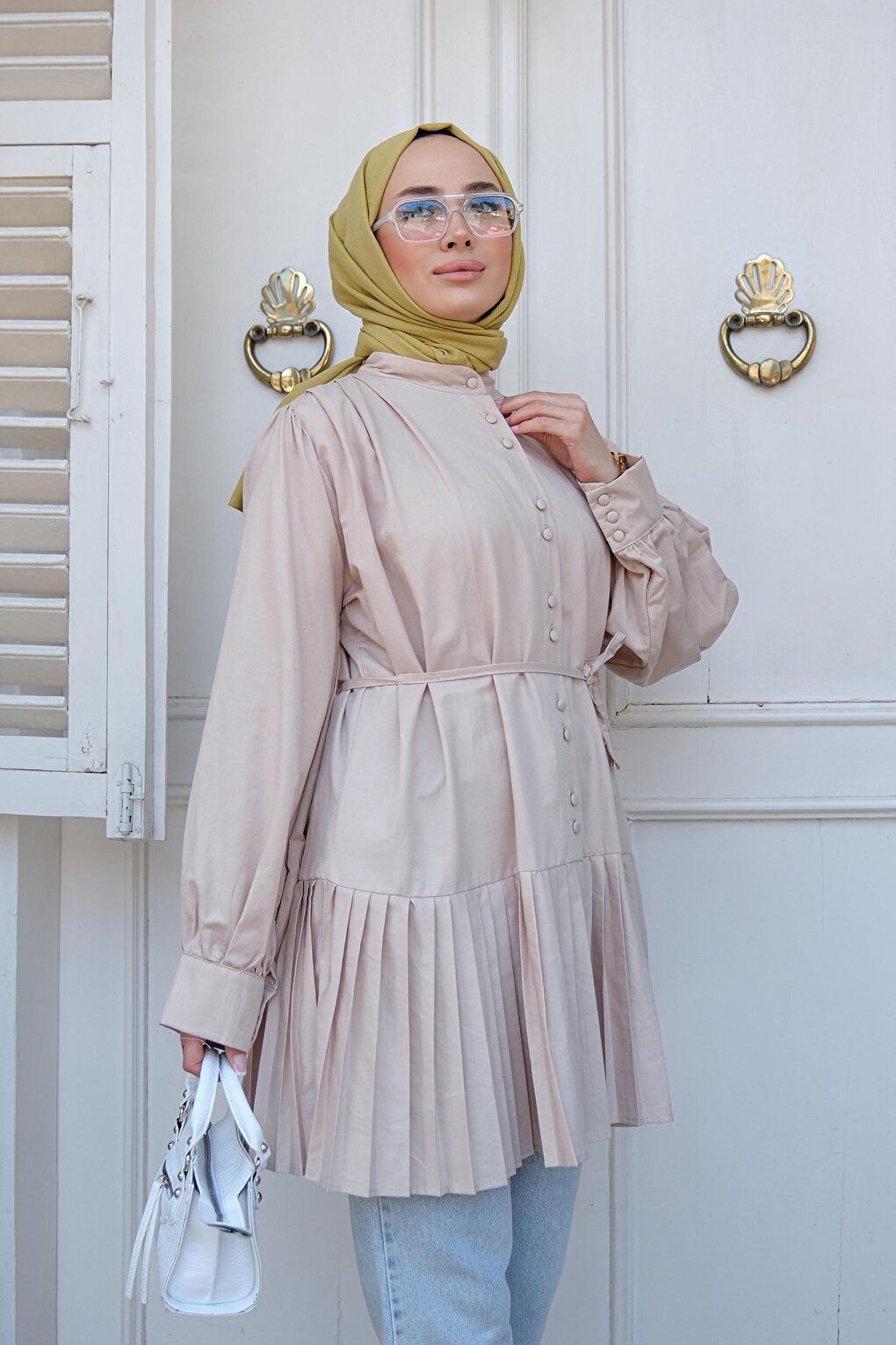 Women's Pleated Hijab Shirt Cream