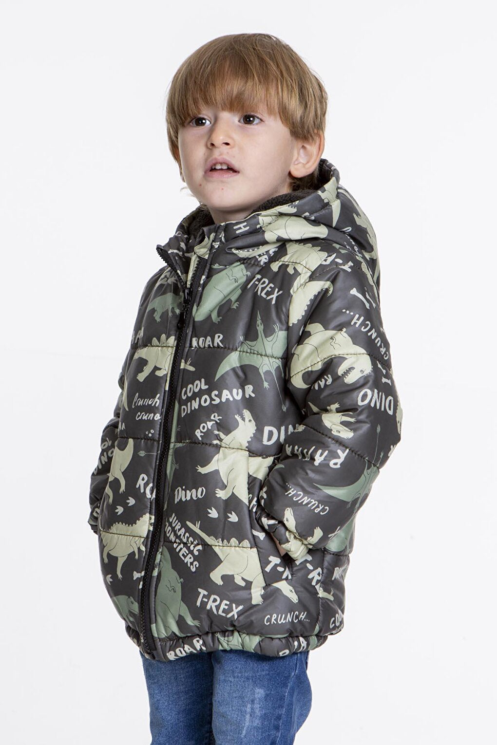 Kids Boy's Coat with Welsoft Inside Dinosaur Patterned Hat AK2509