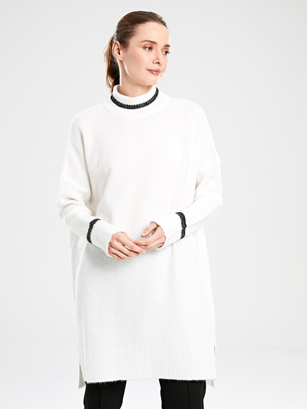 High Collar Plain Long Sleeve Oversize Women's Knitwear Tunic