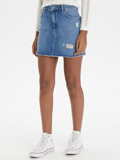 Ripped Detailed Women's Mini Jean Skirt