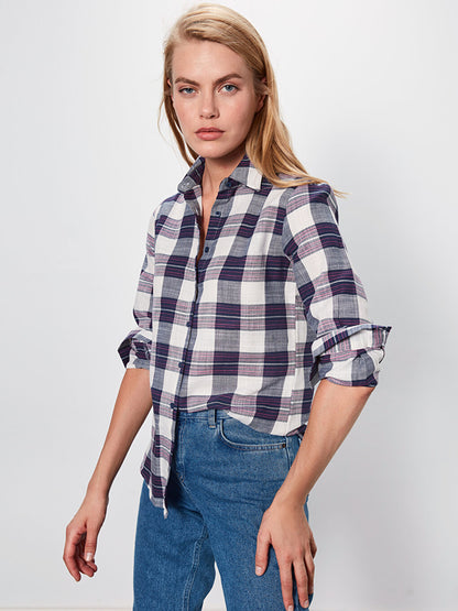 Front Button Closure Plaid Long Sleeve Women's Shirt