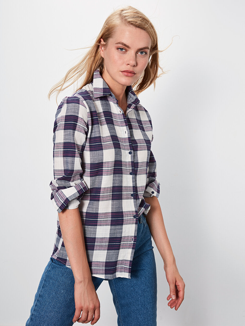 Front Button Closure Plaid Long Sleeve Women's Shirt