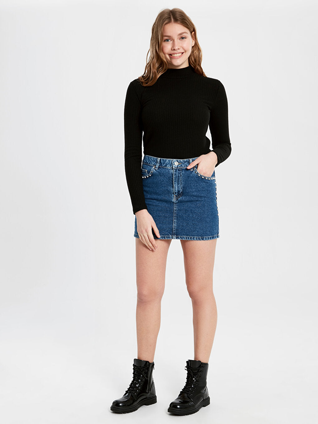 Standard Fit Women's Jean Skirt with Pocket Detail