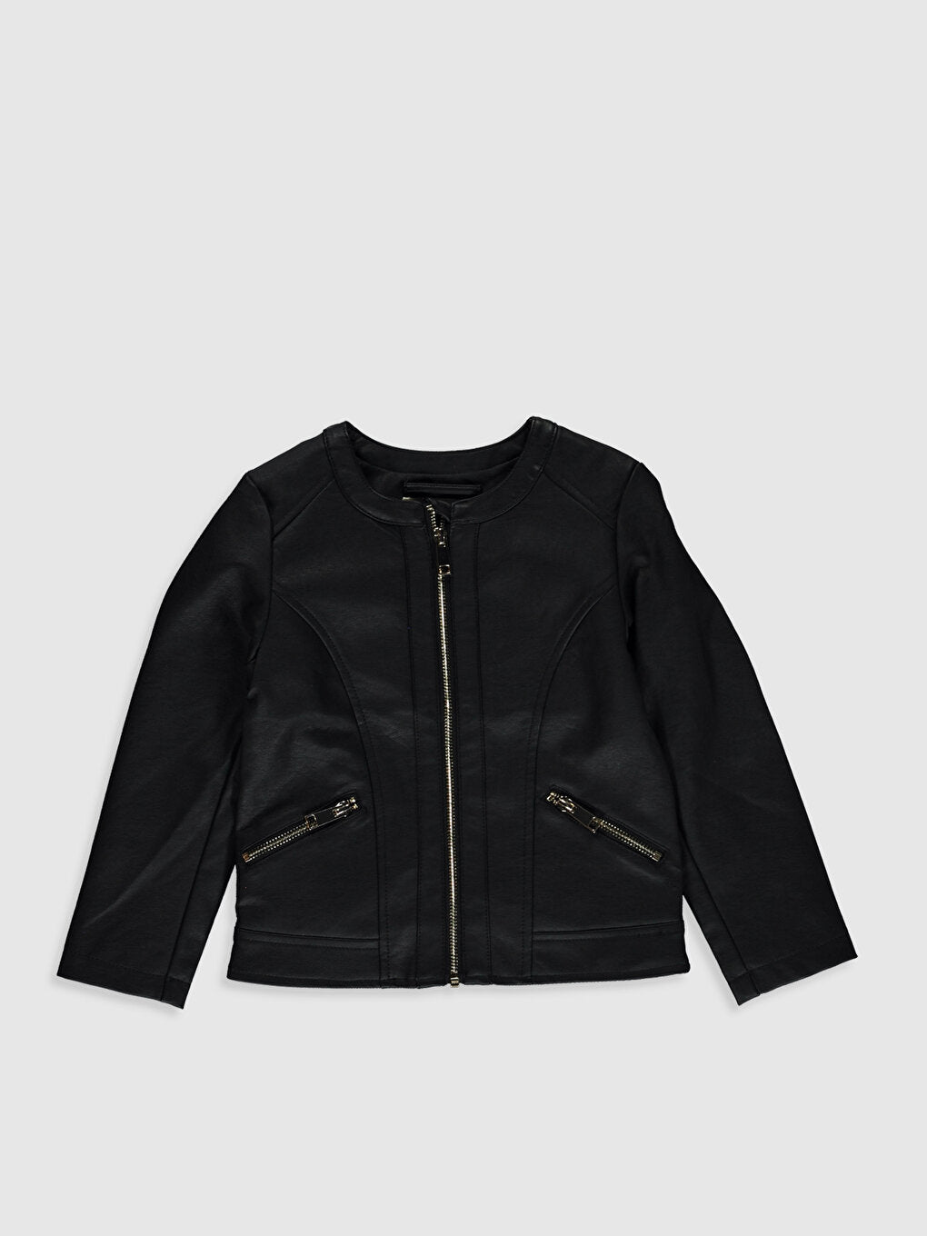 Crew Neck Leather Look Girl's Jacket