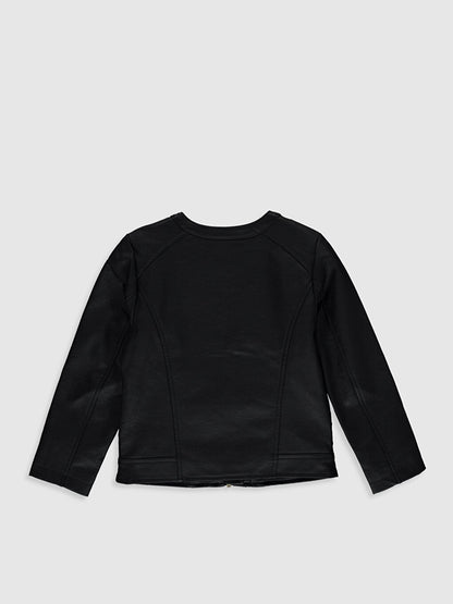 Crew Neck Leather Look Girl's Jacket