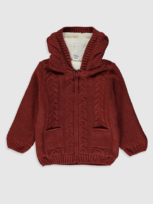 Hooded Long Sleeve Self-Patterned Baby Boy Zippered Knitwear Cardigan