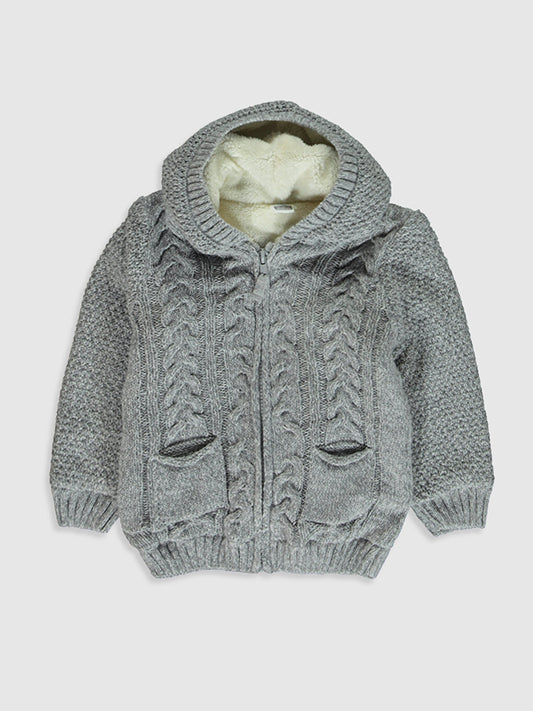 Hooded Long Sleeve Self-Patterned Baby Boy Zippered Knitwear Cardigan