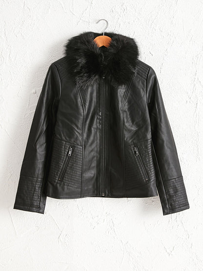 Leather Look Coat with Fur Collar