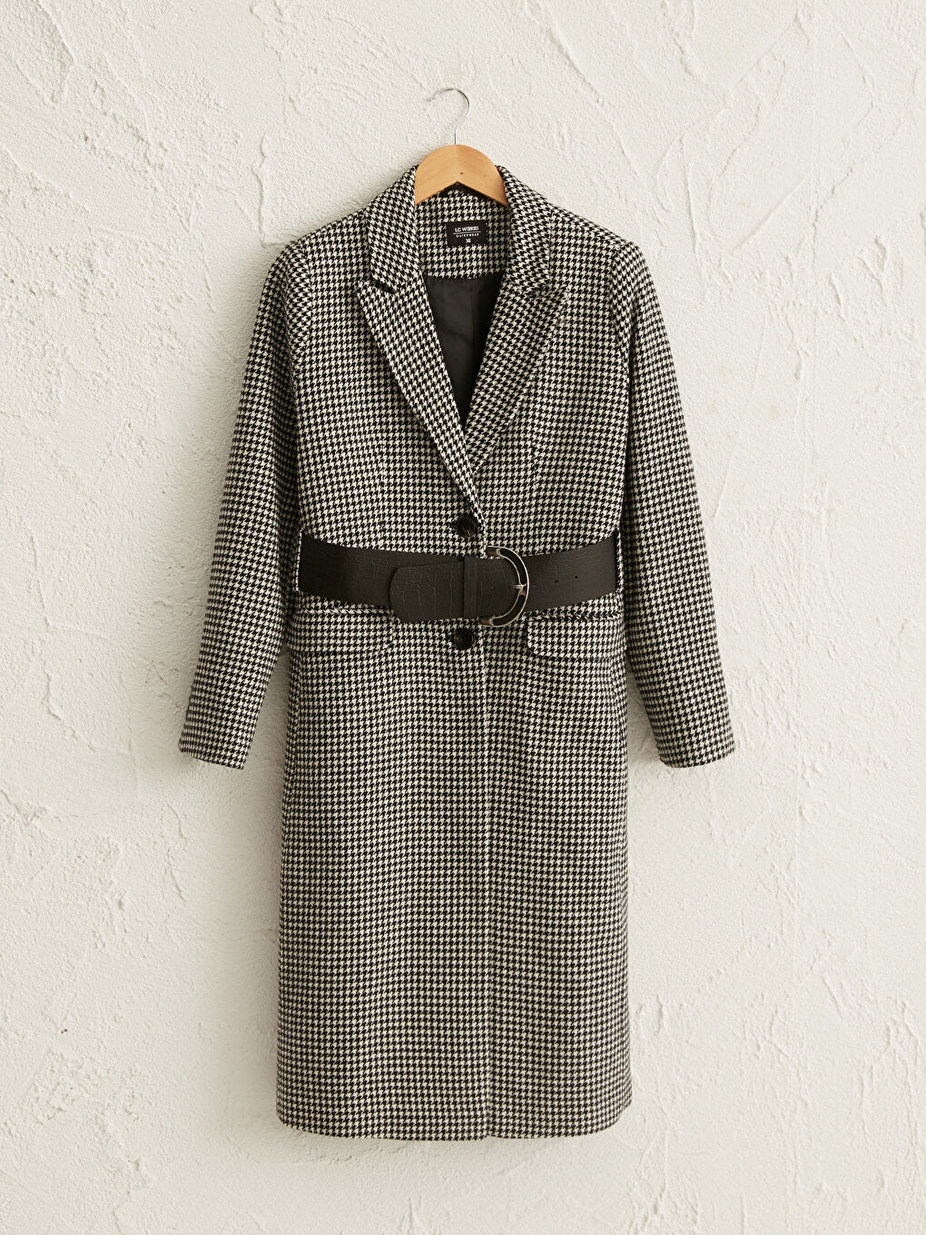 Jacket Collar Houndstooth Patterned Long Sleeve Women's Cashmere Coat