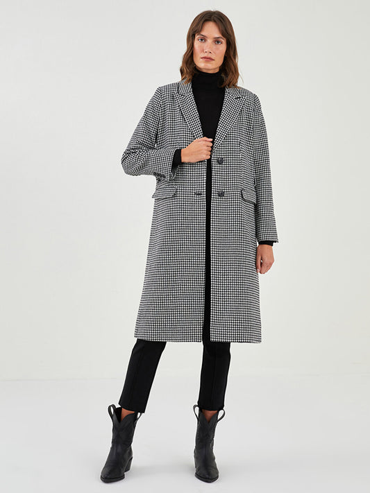 Jacket Collar Houndstooth Patterned Long Sleeve Women's Cashmere Coat