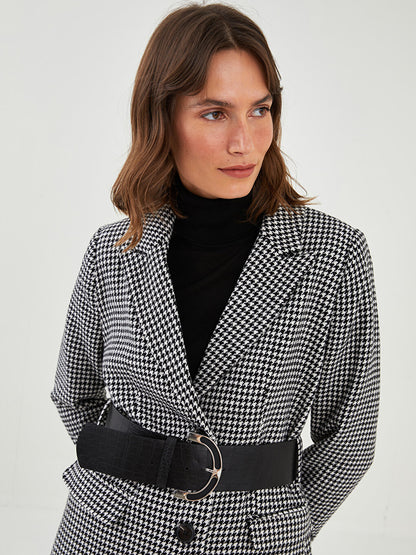 Jacket Collar Houndstooth Patterned Long Sleeve Women's Cashmere Coat