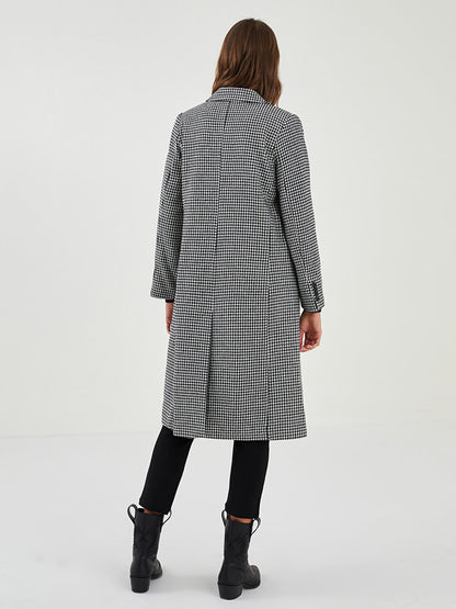 Jacket Collar Houndstooth Patterned Long Sleeve Women's Cashmere Coat