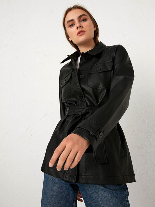 Shirt Collar Leather Look Coat