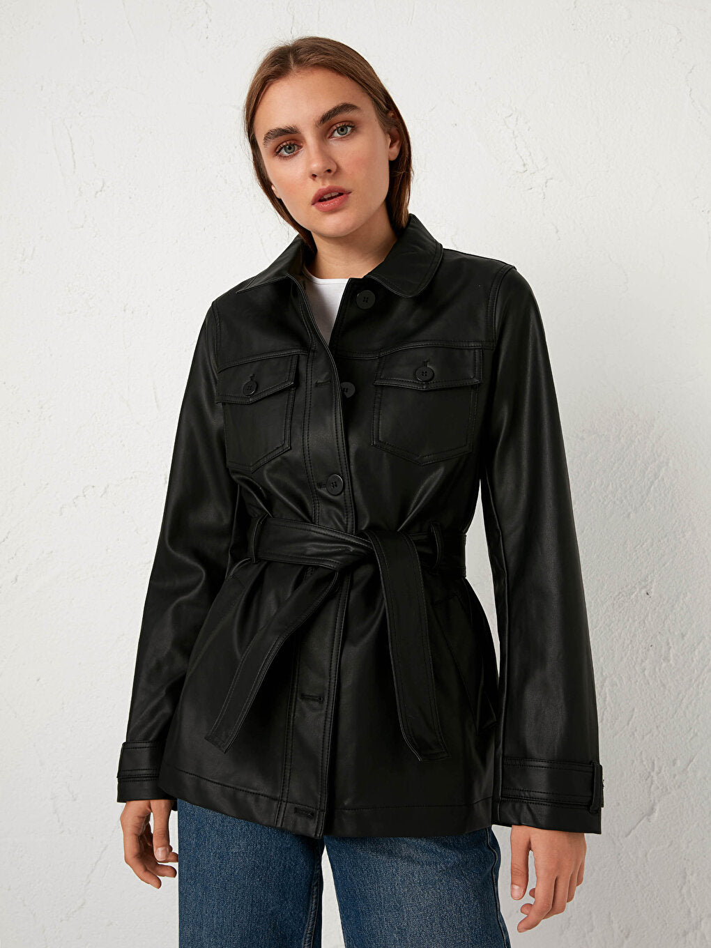 Shirt Collar Leather Look Coat