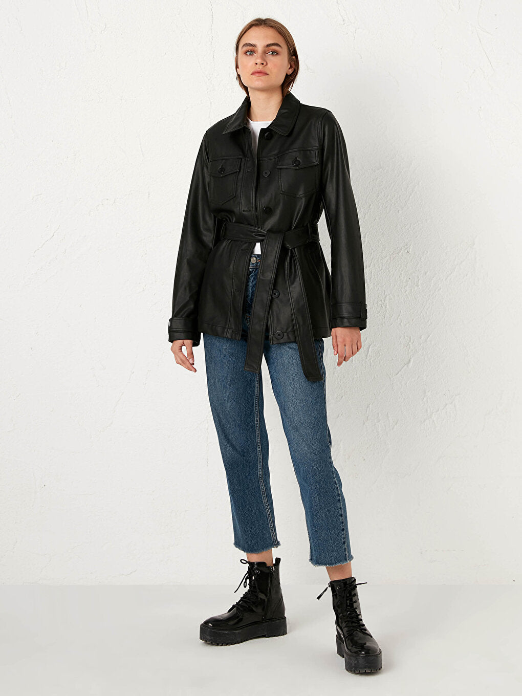 Shirt Collar Leather Look Coat