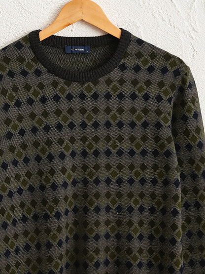 Crew Neck Diamond Patterned Fine Knit Sweater