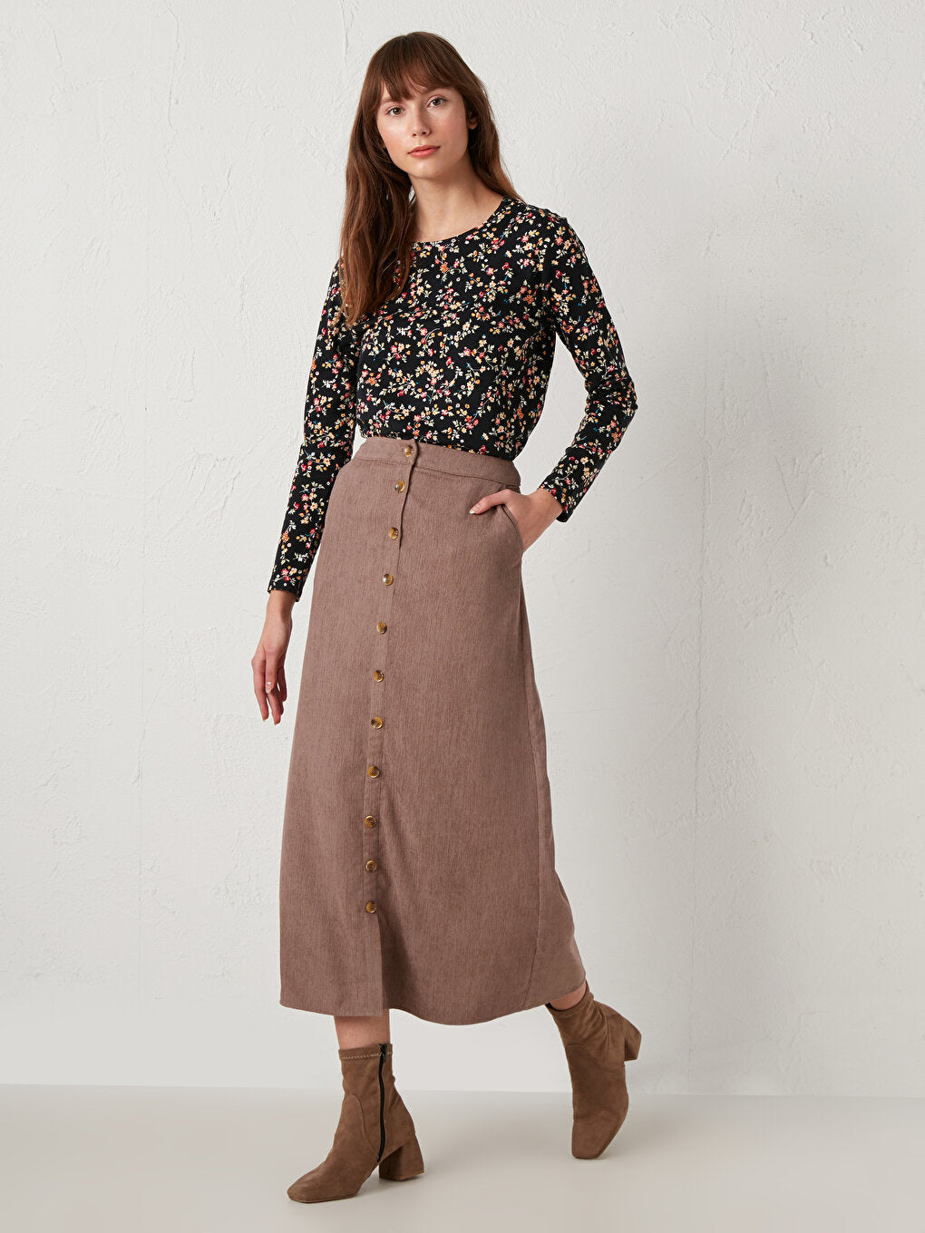 Button Front Velvet Skirt