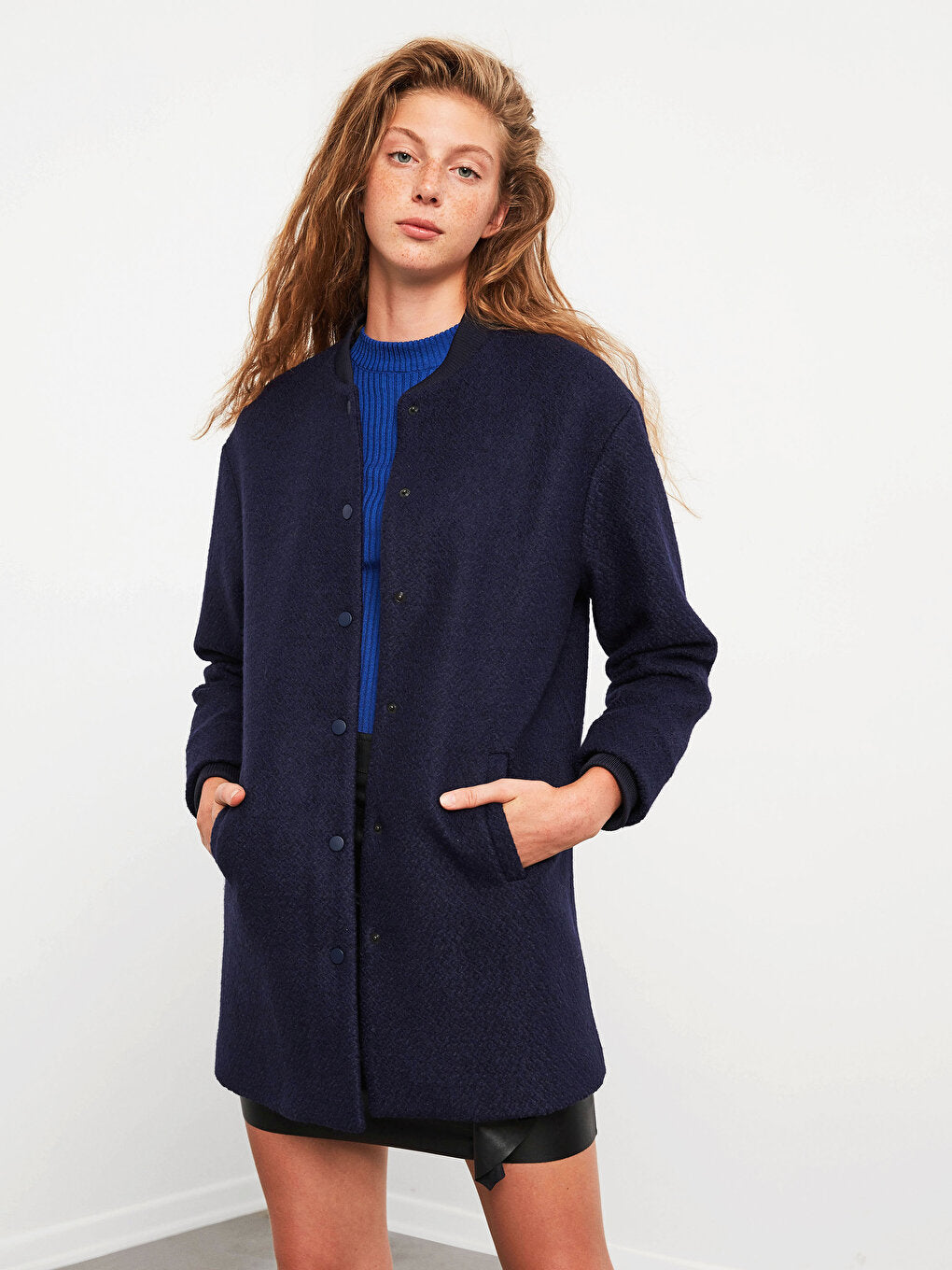 Thick Bomber Coat Made of Textured Fabric