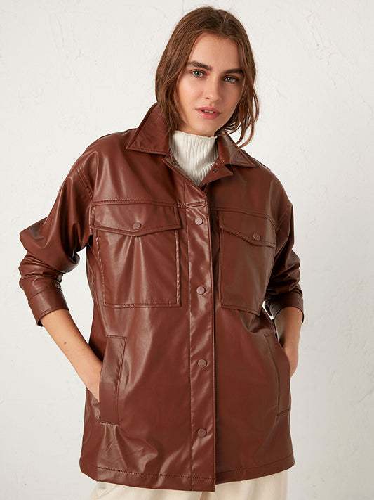 Shirt Collar Leather Look Coat