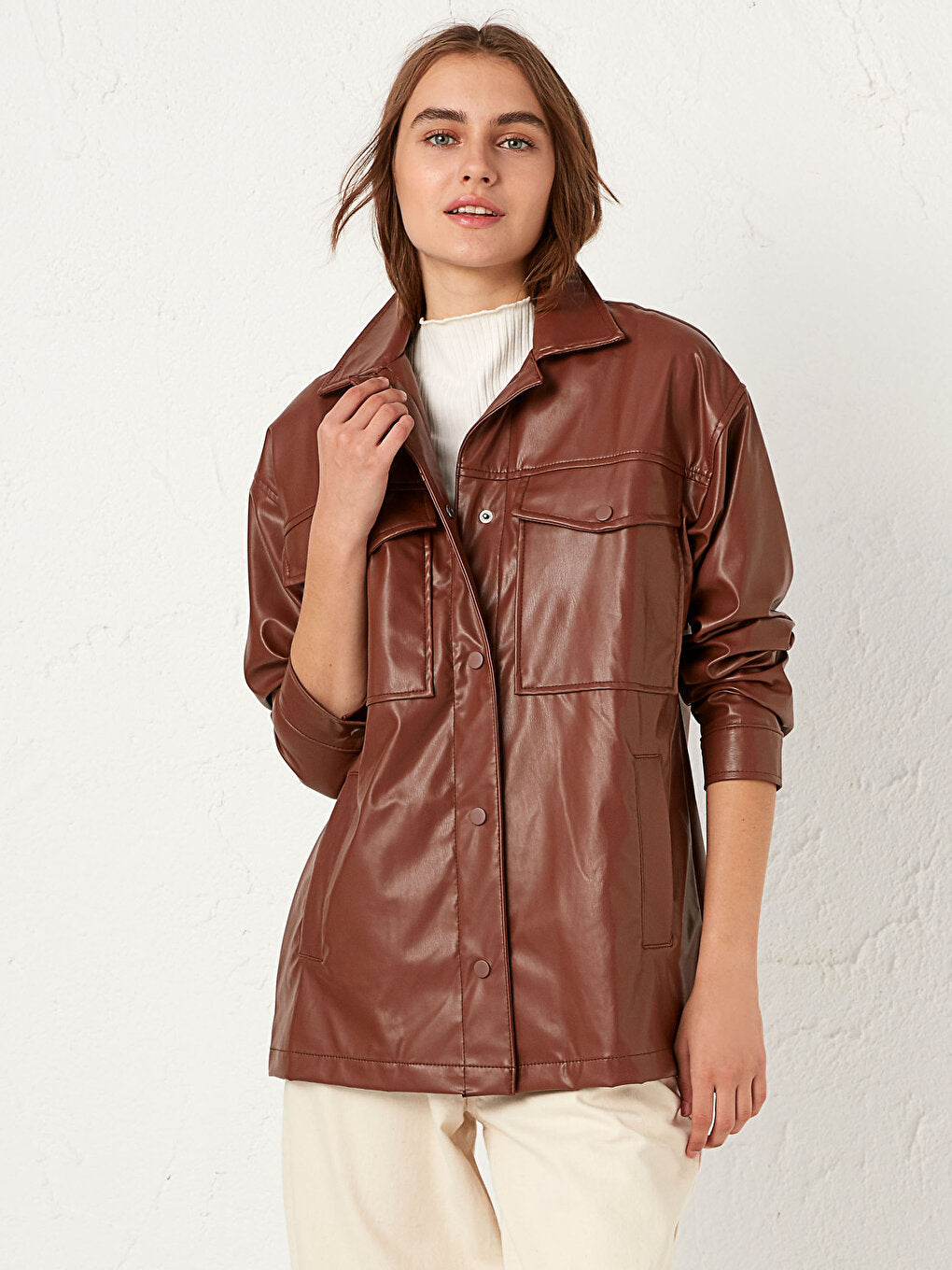 Shirt Collar Leather Look Coat