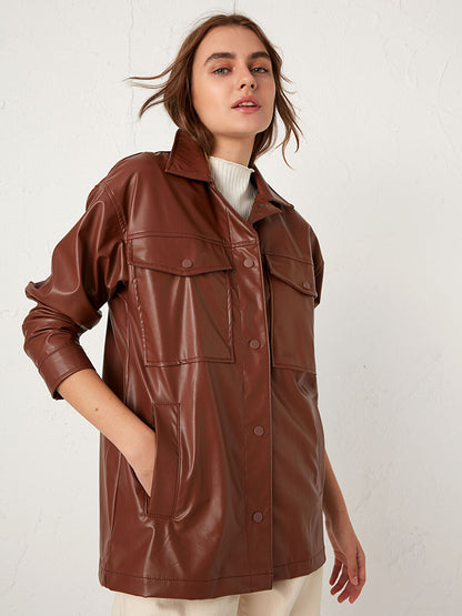 Shirt Collar Leather Look Coat