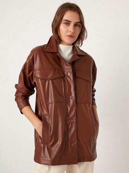 Shirt Collar Leather Look Coat