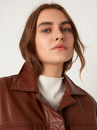 Shirt Collar Leather Look Coat