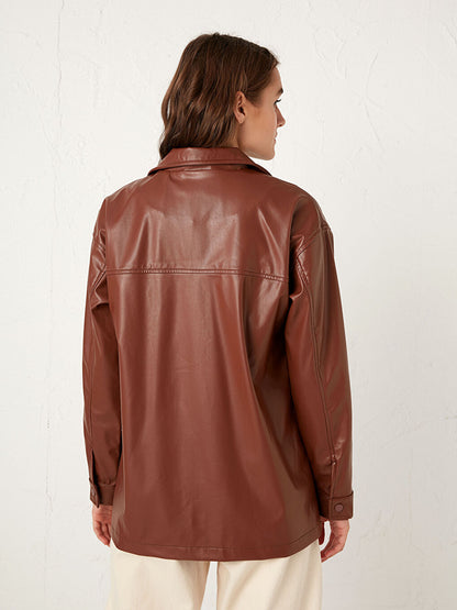 Shirt Collar Leather Look Coat