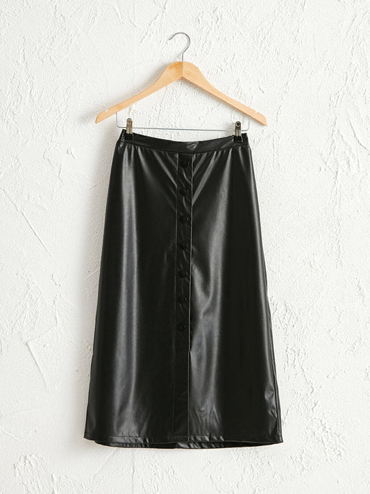 Leather Look Long Flared Skirt