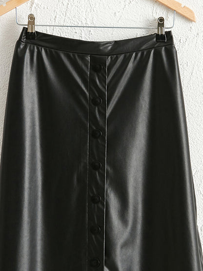 Leather Look Long Flared Skirt