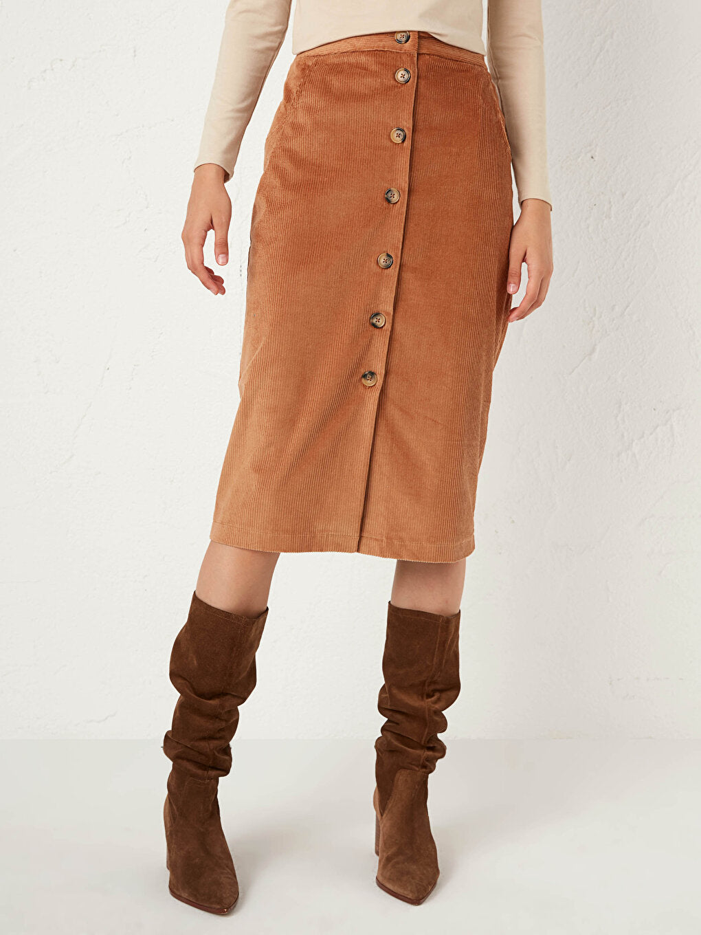 Button Front Velvet Skirt