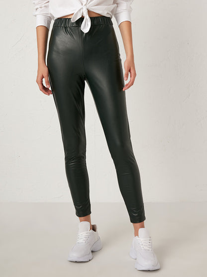 Leather Look Women's Leggings with Elastic Waist